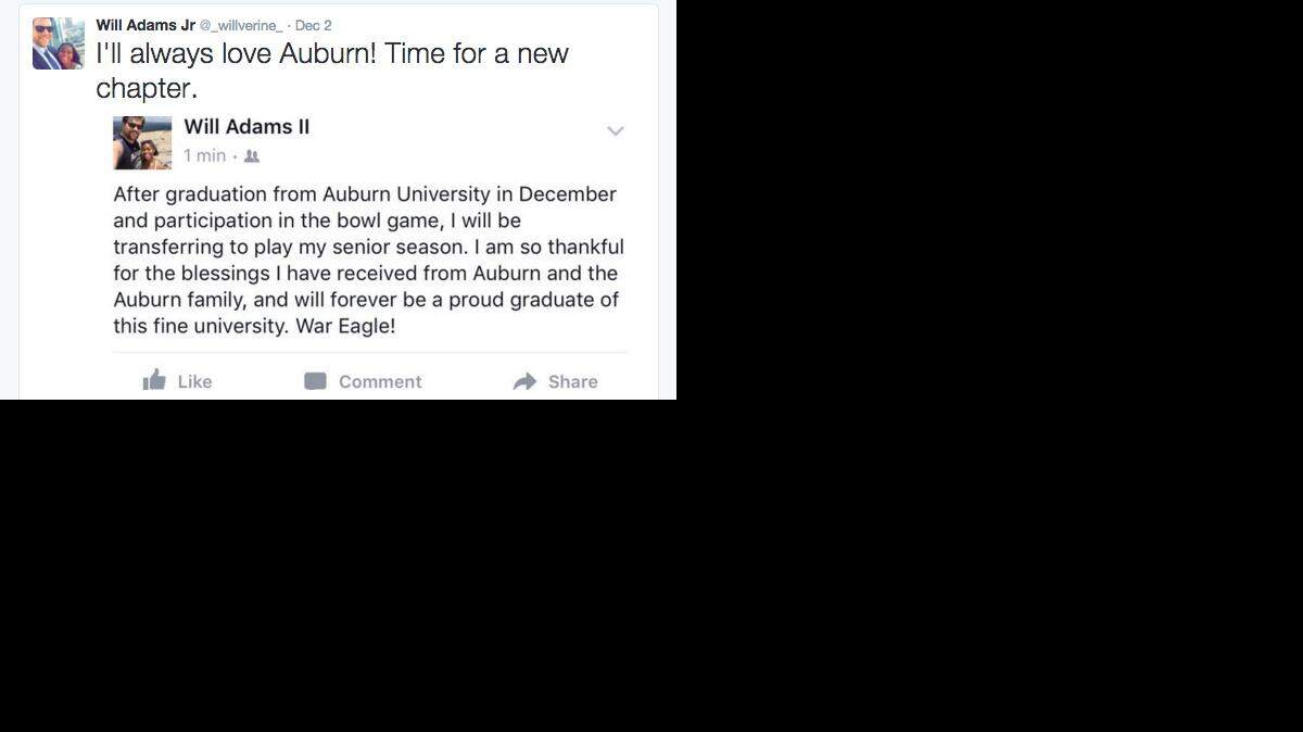 Auburn offensive line Will Adams plans to transfer next semester. 