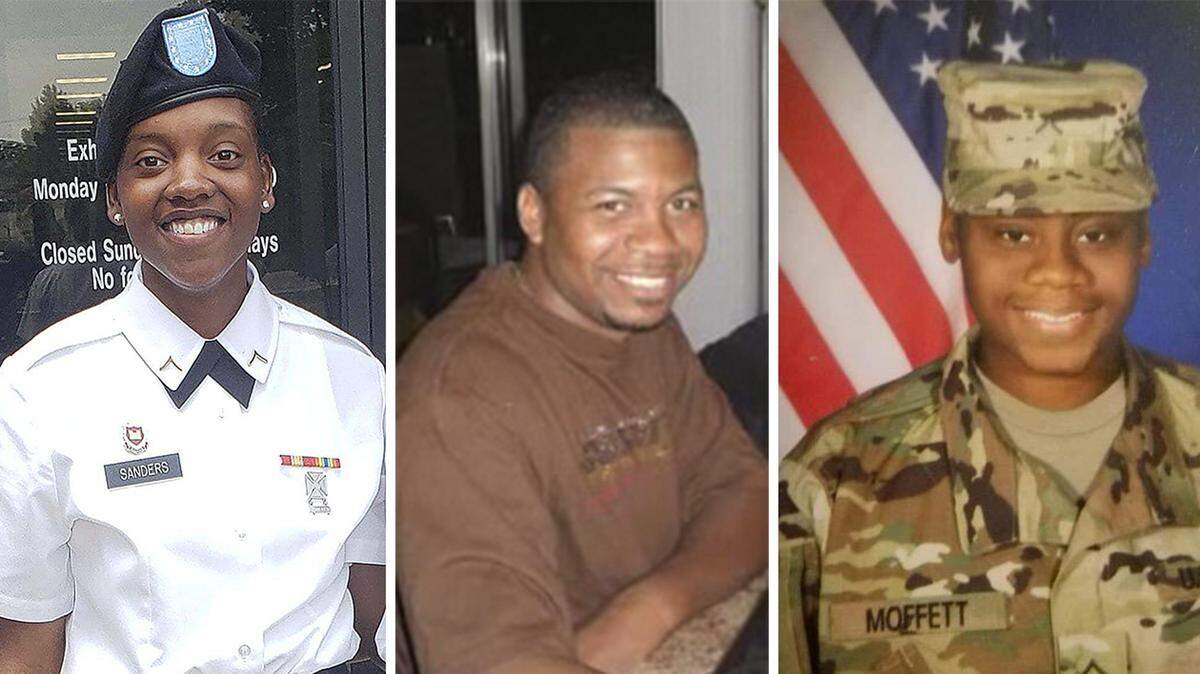 This combination of photos provided by Shawn Sanders, left, and the U.S. Army, center and right, show from left to right, Spc. Kennedy Sanders, Sgt. William Jerome Rivers and Spc. Breonna Alexsondria Moffett. The three U.S. Army Reserve soldiers from Georgia were killed by a drone strike Sunday, Jan. 28, 2024, on their base in Jordan near the Syrian border. (Shawn Sanders and U.S. Army via AP)