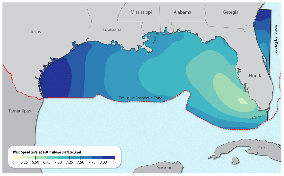 The 21-year (2000–2020) mean wind speed at 160 meters above sea level for the Gulf of Mexico region. Georgia’s coast has wind speeds at 7.5 to 8.5 meters per second, a viable amount for wind energy.