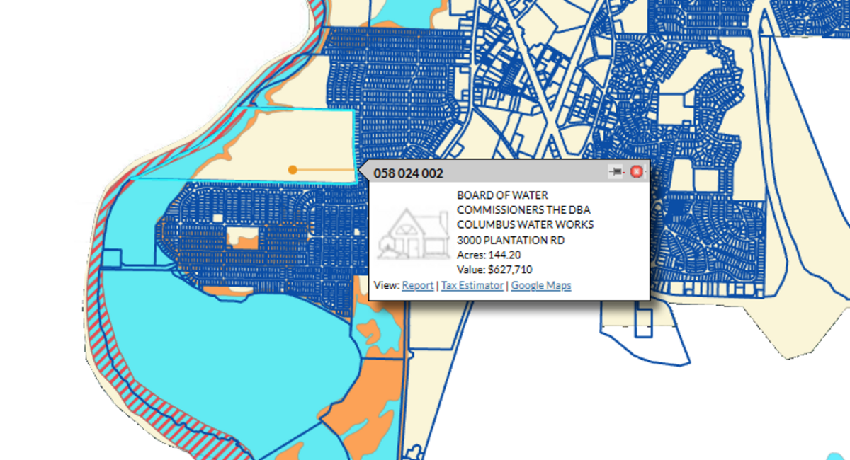 The 62-year-old Wastewater Treatment Plant in Columbus sits in a FEMA designated flood plain. This map shows where the new site, which is not in a flood plain, will be. The old site is mainly in the light blue area, south of housing parcels.
