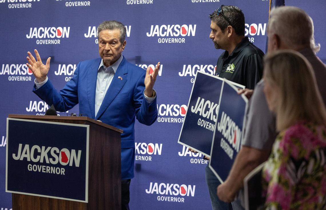 Rick Jackson, a Republican candidate for governor in Georgia, speaks during a campaign stop April 28, 2026, at Flightways at the Columbus Airport in Columbus.