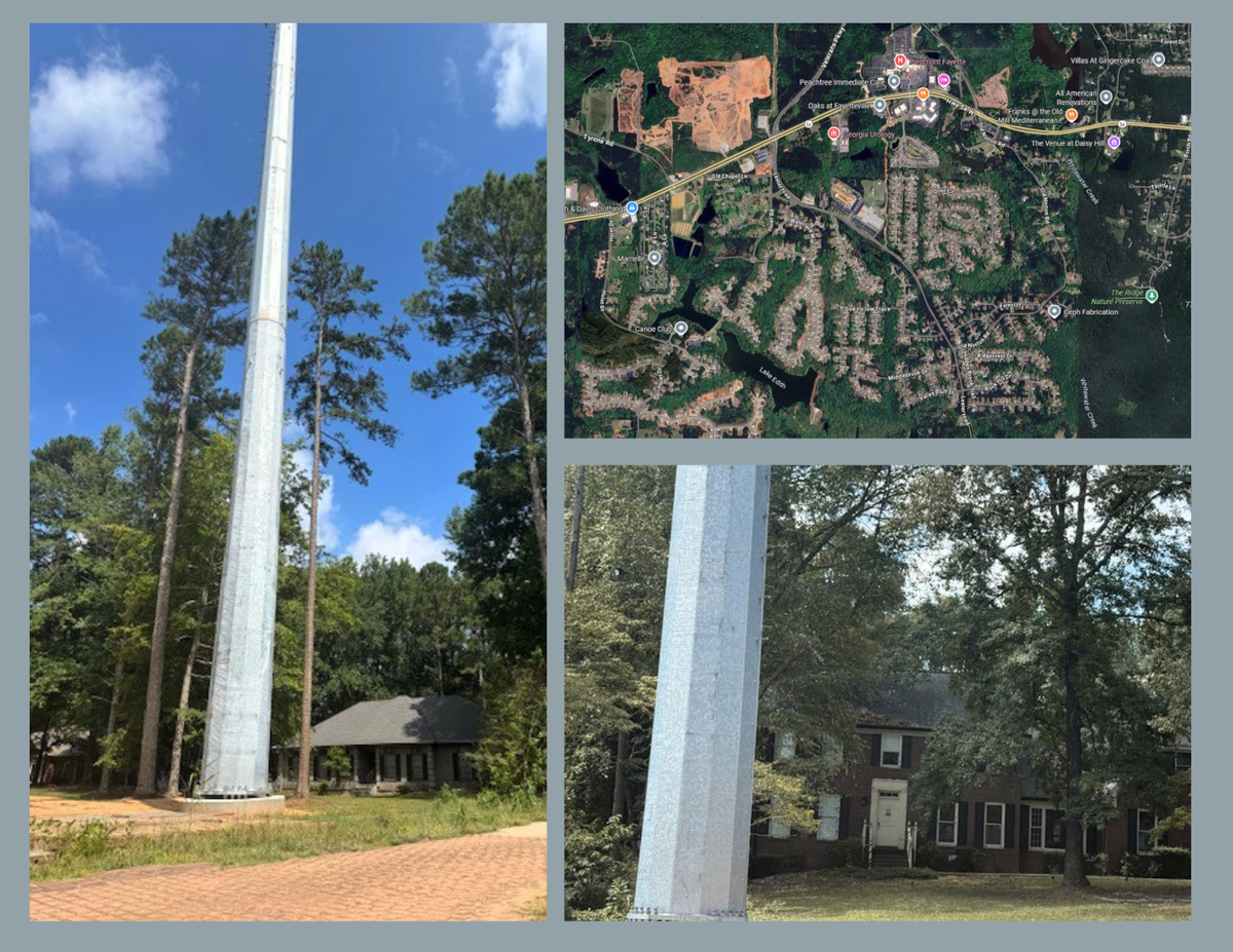 Massive transmission poles were installed in the front yards of homes in Fayette County to support a major data center. Top right: map of the QTS data center built near residential neighborhoods.