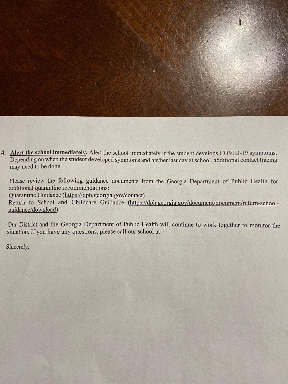 This letter provided to the Ledger-Enquirer by an anonymous Northside High School parent alerted their child to a “close contact” COVID-19 case in their school.