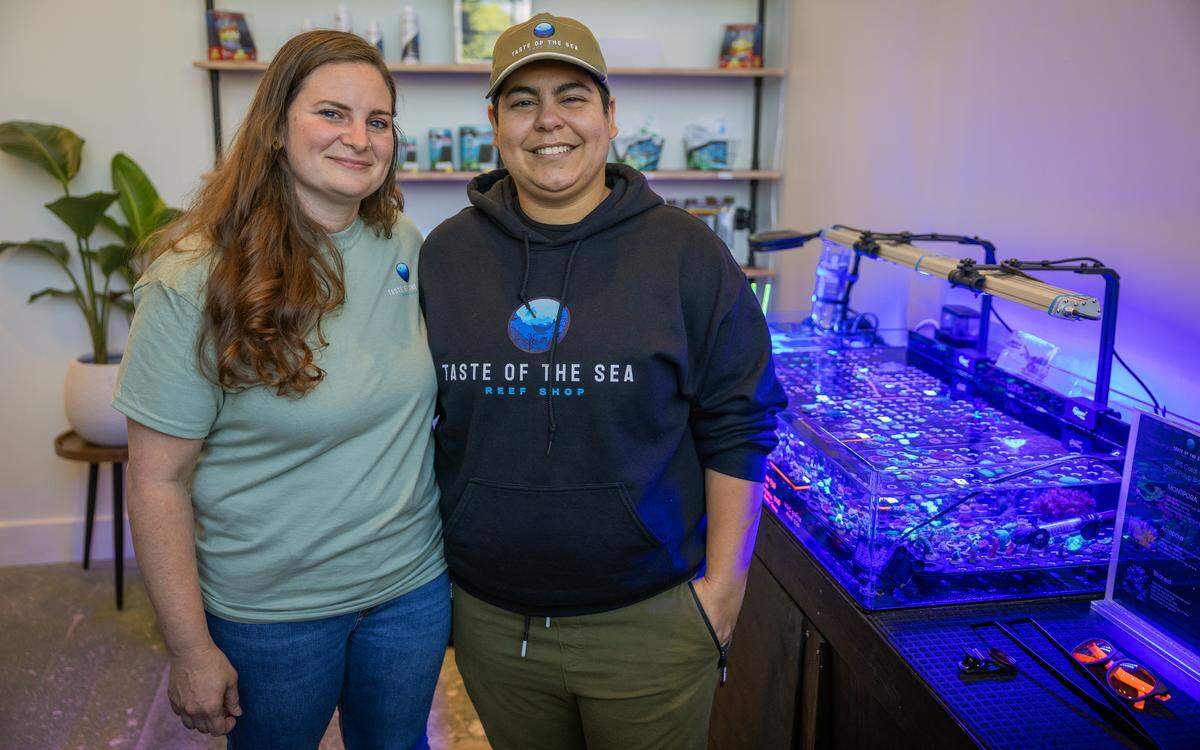 Taste of the Sea Reef, a shop specializing in live corals and aquarium supplies, has opened inside Highside Market, 211 13th Street, as part of StartUP Columbus’ Retail Lab. Co-owners Marissa, left, and Ashley Marrero, pictured April 21, 2026, told the Ledger-Enquirer their business focuses on selling live corals, fish supplies and equipment for people interested in coral propagation.
