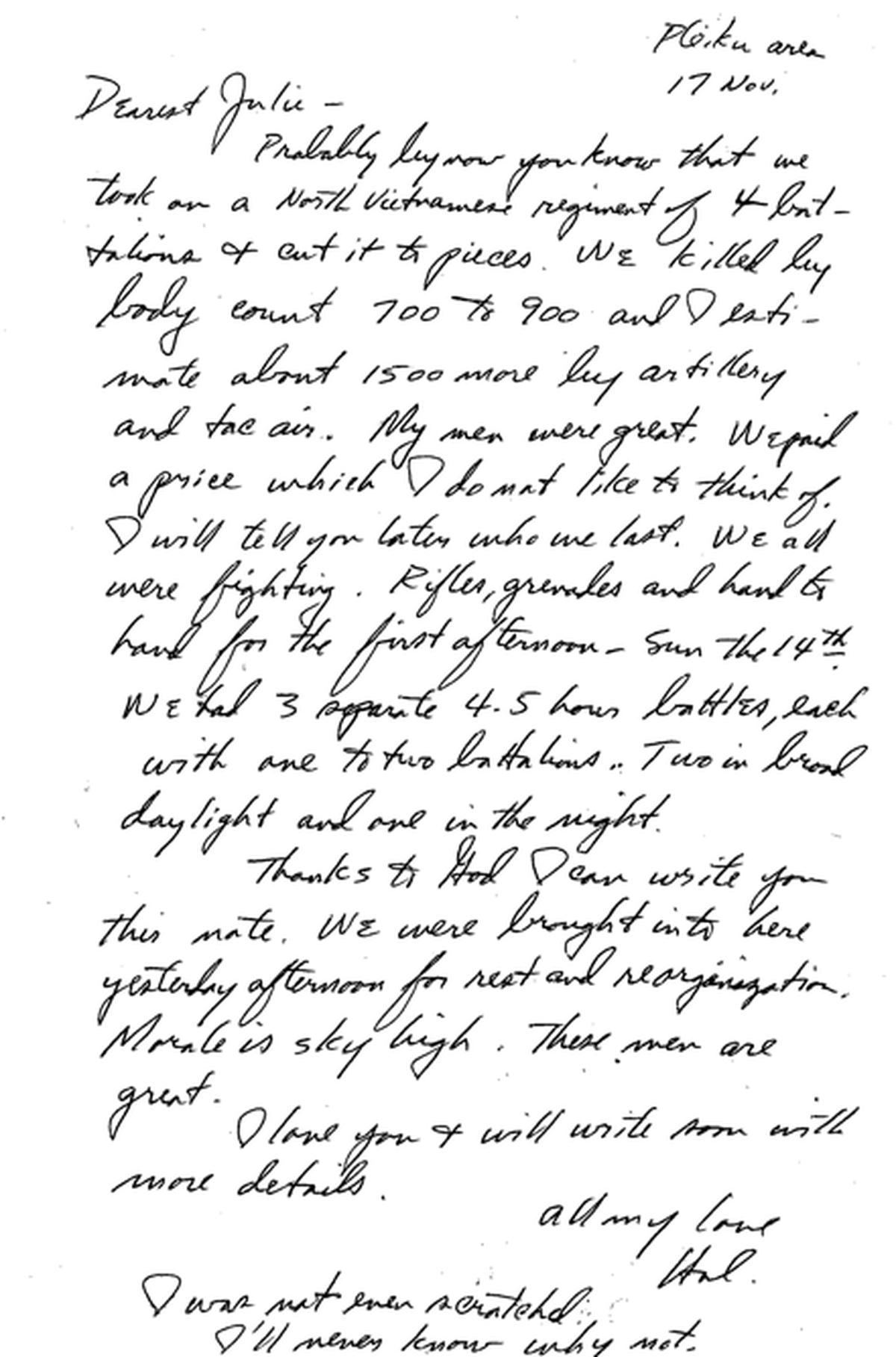 Letter from Col. Hal Moore to his wife Julie after the battle of LZ-Xray.