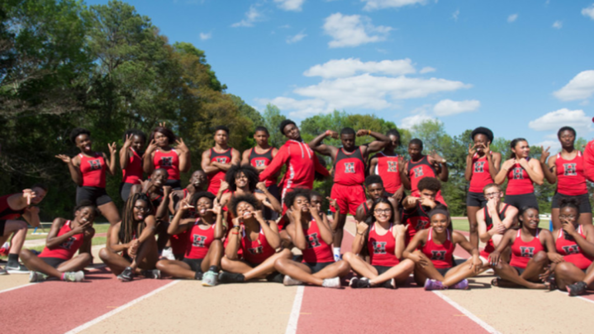 The Hardaway boys and girls track teams pose together after finishing first in the Muscogee County School District Track Meet at Hardaway on April 15, 2017.