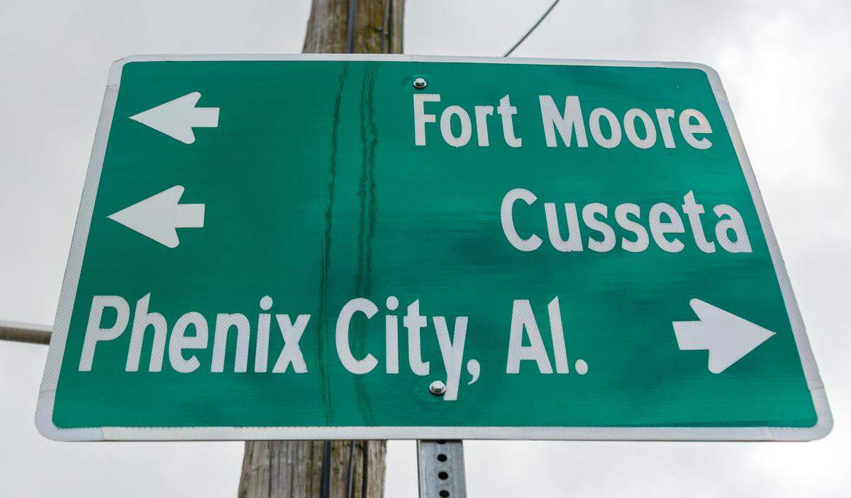 This road sign on Veterans Parkway in Columbus, near the intersection with Victory Drive, is among those that will need to be changed, now that Fort Moore has been renamed back to Fort Benning. 03/05/2025