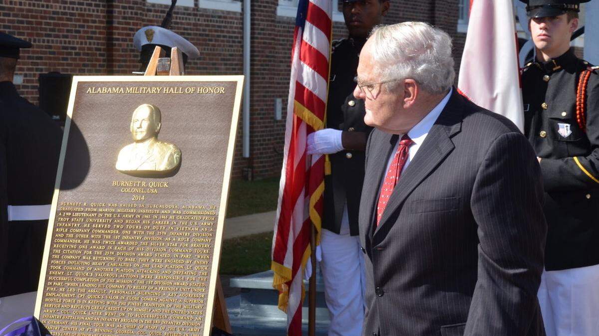 Retired U.S. Army Col. Burnie Quick, former chief of staff at Fort Benning and president of the Uptown Columbus Inc., is inducted into the Alabama Military Hall of Honor in 2014 at the junior college campus of Marion Military Institute.