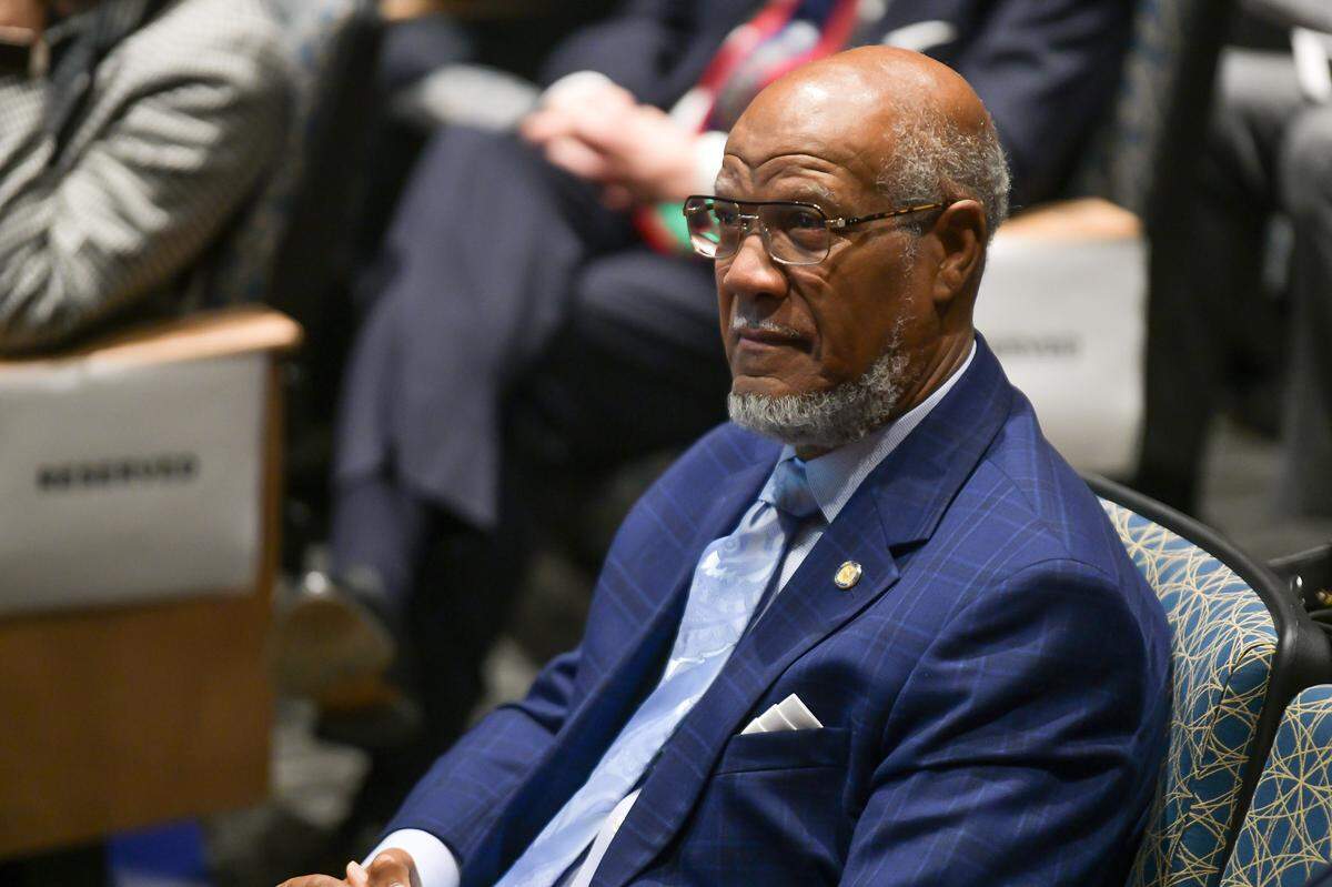 Former state Rep. Calvin Smyre of Columbus sits in the Rainey-McCullers School of the Arts auditorium Dec. 18, 2024, during the ceremony celebrating the naming of the intersection of I-185 and Macon Road as the Calvin Smyre Interchange.