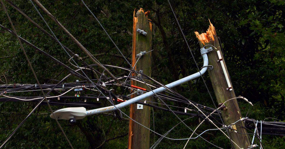 The effects of Hurricane Helene snapped this power pole in half near Thursday evening near the intersection of Forrest Rd. and Alta Vista Dr. in Columbus, Georgia. 09/26/2024