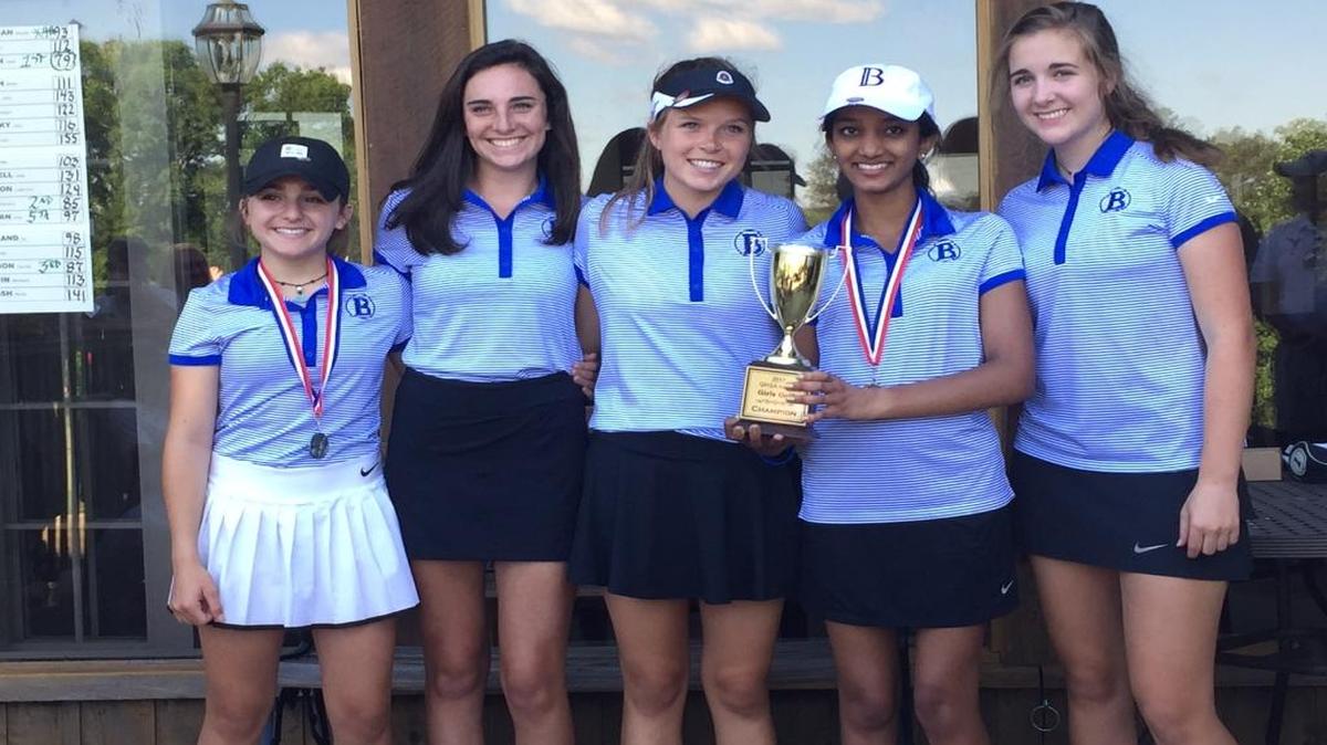 Sanders Hinds, McClain Ward, Sa Copeland, Uma Alappan and Lillie Peek celebrate after Brookstone’s area tournament championship