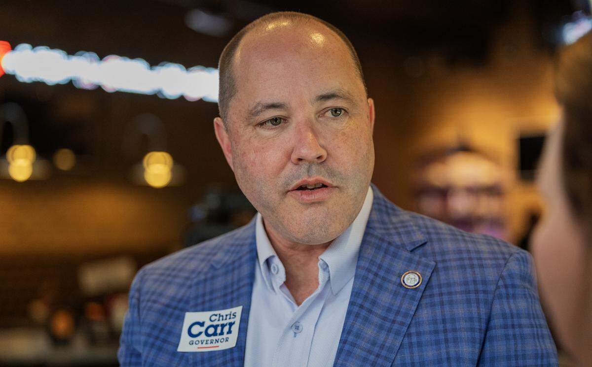 Georgia Attorney General and Republican gubernatorial candidate Chris Carr makes a campaign stop May 13, 2026, in Columbus at The Office Sports Bar & Grill.
