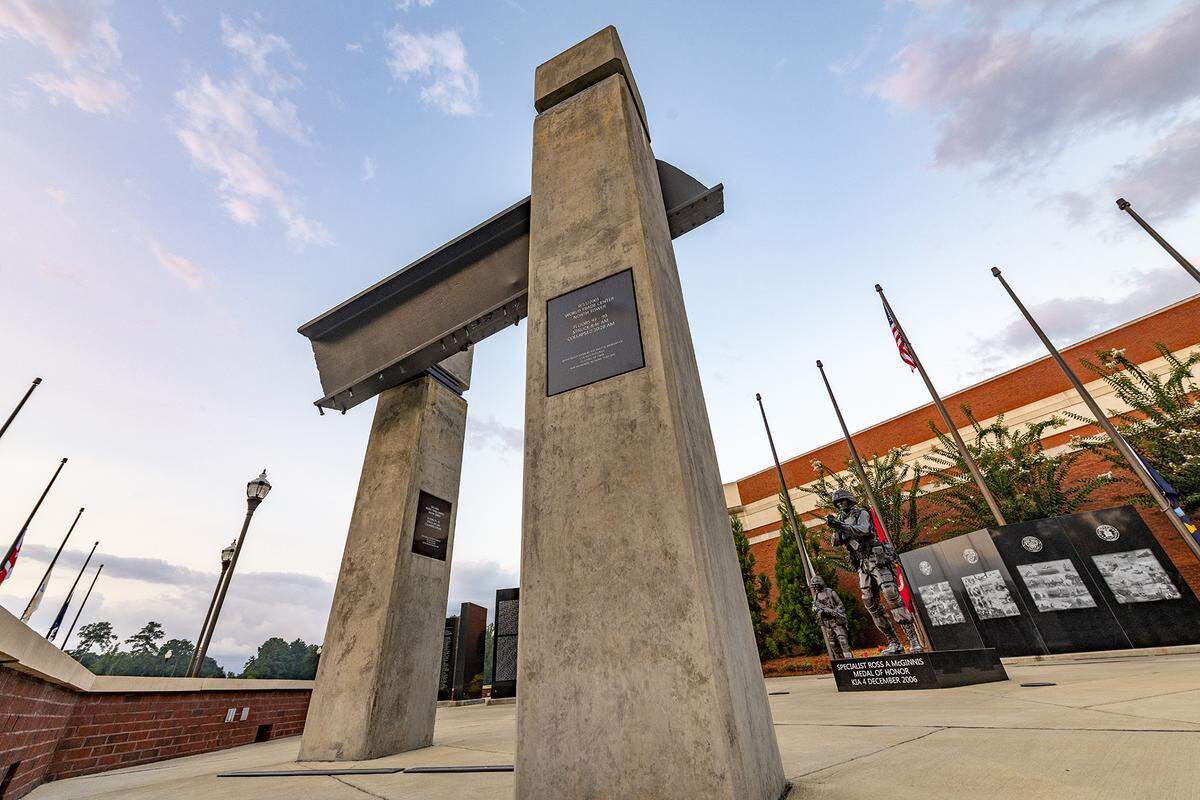 Part of the Global War on Terrorism Memorial exhibit outside of the National Infantry Museum features two concrete pillars, representing the Twin Towers, supporting a 13-foot steel beam recovered from wreckage of the North Tower.