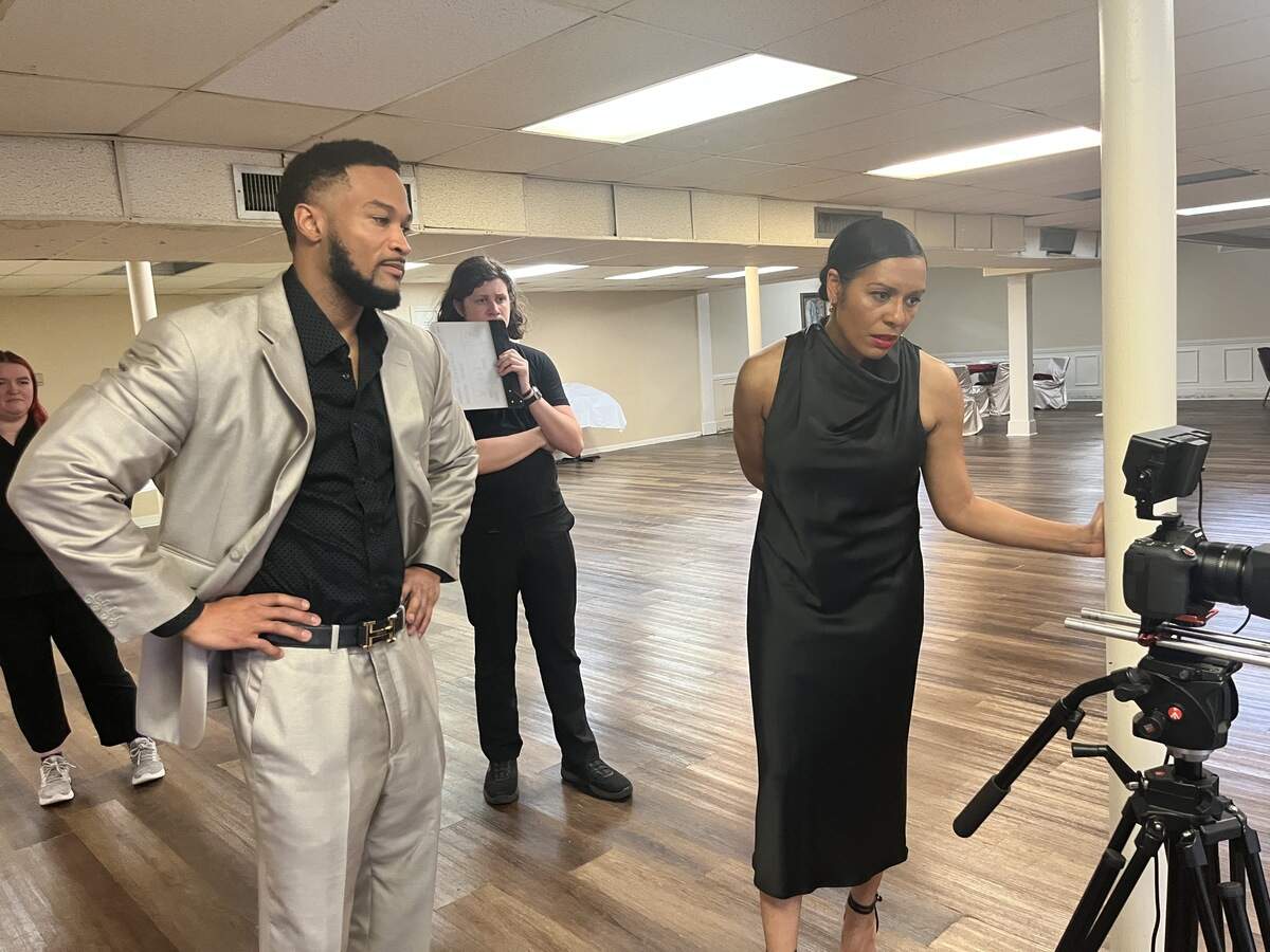 Script supervisor Addison Sawyer, supporting actor Brandon Dunn, lighting technician Daniel McMichael, and HR Things creator GG Rodgers on the set of HR Things in Columbus, GA.