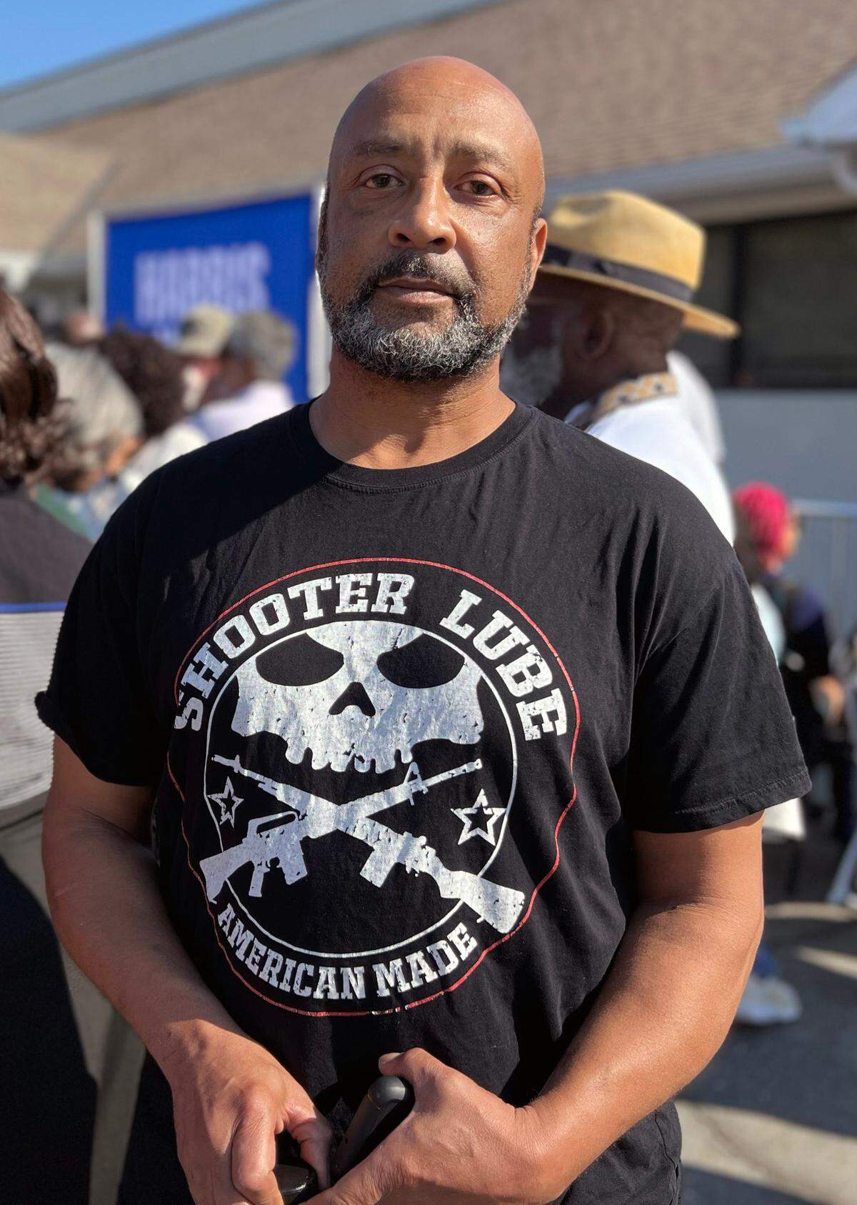 Columbus resident Brian Jenkins attends event to see former President Bill Clinton campaign in Columbus, Georgia on behalf of democratic presidential candidate Kamala Harris and her running mate Tim Walz.