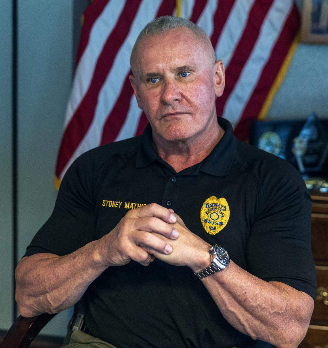 Stoney Mathis, chief of the Columbus Police Department, answers a question during an interview with Ledger-Enquirer reporter Kelby Hutchison on April 14, 2026.