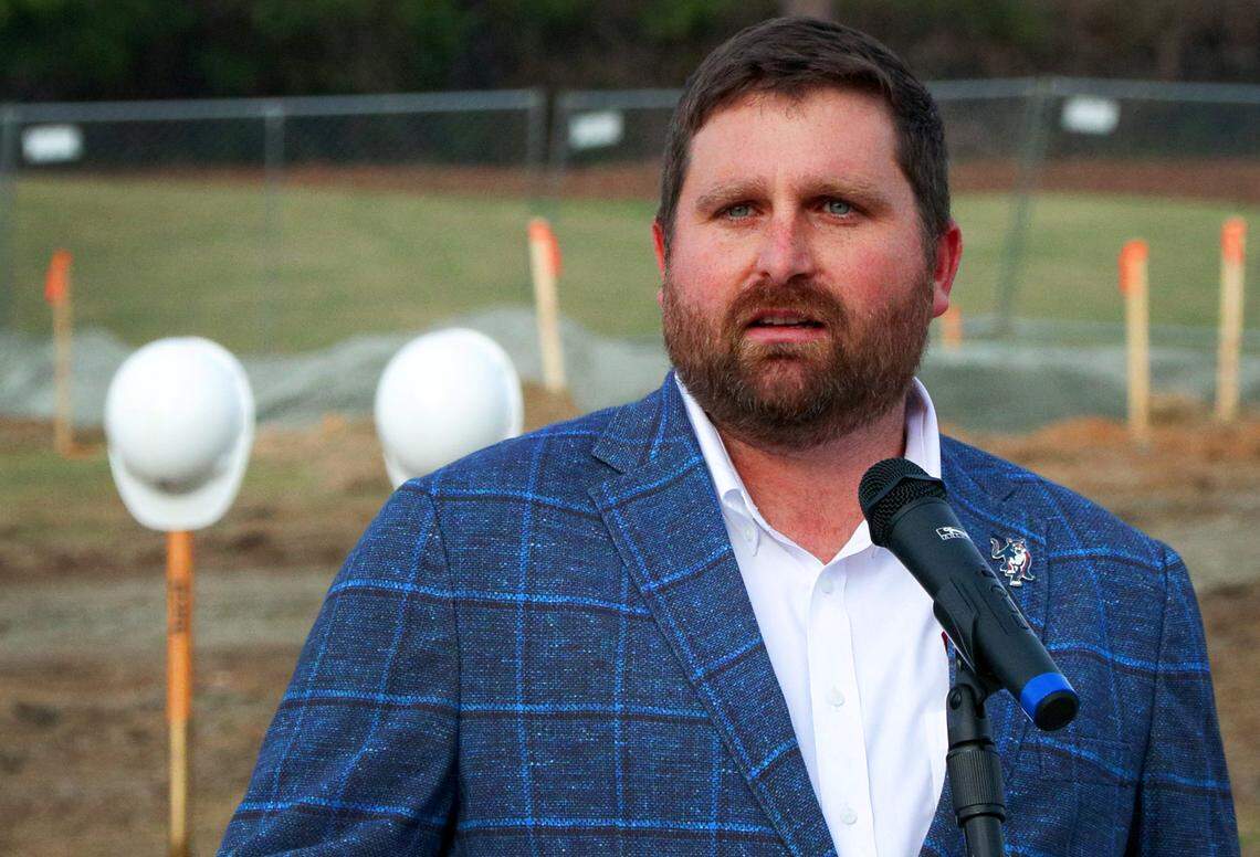 Columbus State University athletics director Justin Hay speaks during a ceremonial groundbreaking Jan. 8, 2026, to publicly launch a $3.2 million fundraising campaign for a new clubhouse at CSU’s Key Golf Studio.