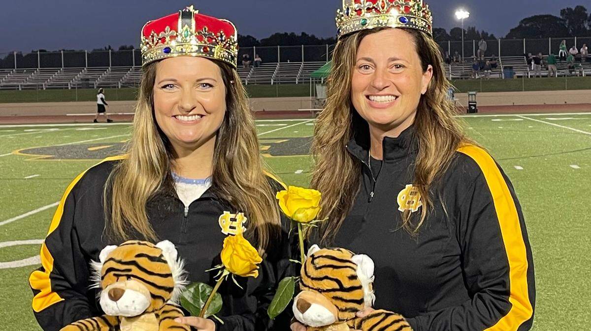 Harris County School District 2021 Teacher of the Year Jessica Burns, left, and Support Person of the Year Shannon Cotton were honored at a football game in Tiger Stadium. Burns is a second-grade teacher at New Mountain Hill Elementary School. Cotton is a fourth-grade paraprofessional at Mulberry Creek Elementary School.