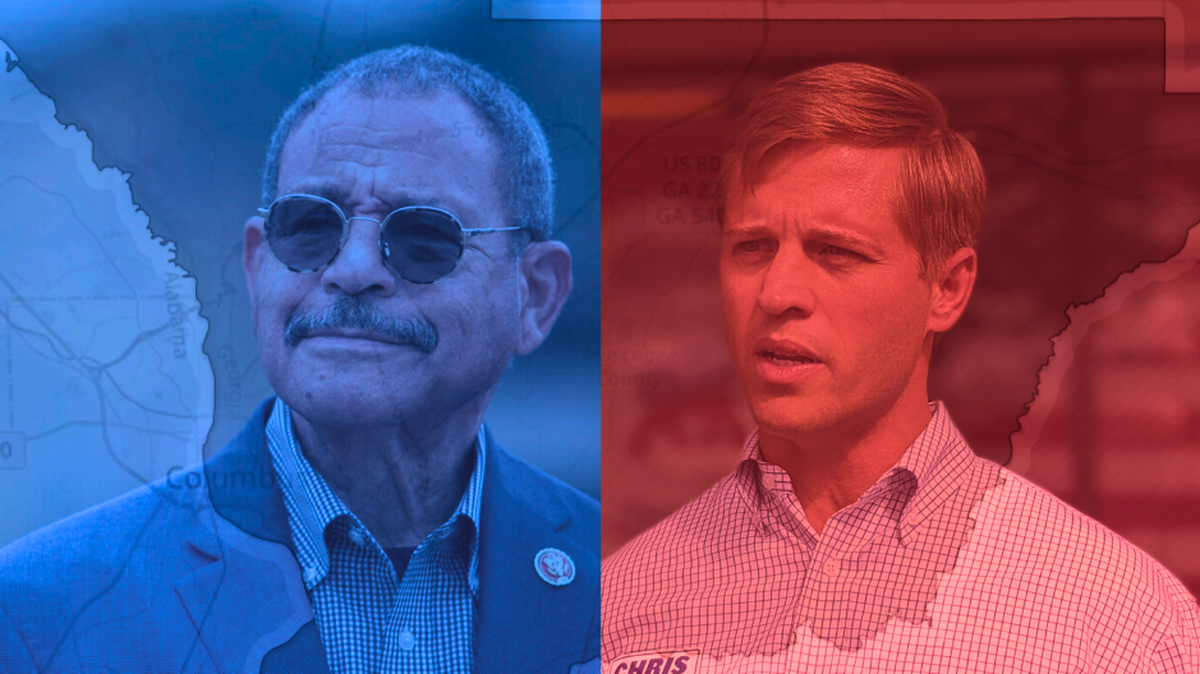 A graphic using Ledger-Enquirer photos of U.S. Rep. Sanford Bishop and his Republican challenger, Chris West. The graphic also includes a mapped outline of Muscogee County rendered by MyGeoData