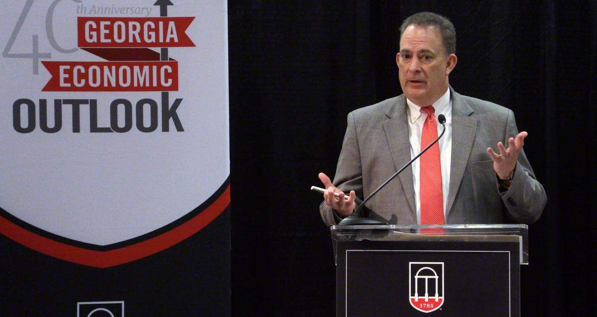 Benjamin C. Ayers, dean of the University of Georgia Terry College, gives the 2023 economic outlook for the state of Georgia during a luncheon at the Columbus Georgia Convention and Trade Center Wednesday afternoon. 01/25/2023