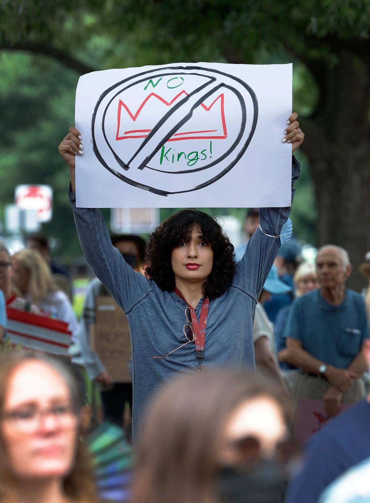 Hundreds of people gathered Saturday morning in the 900 block of Broadway in downtown Columbus, Georgia for a “No Kings” themed demonstration. Protesters expressed opposition to President Donald Trump.