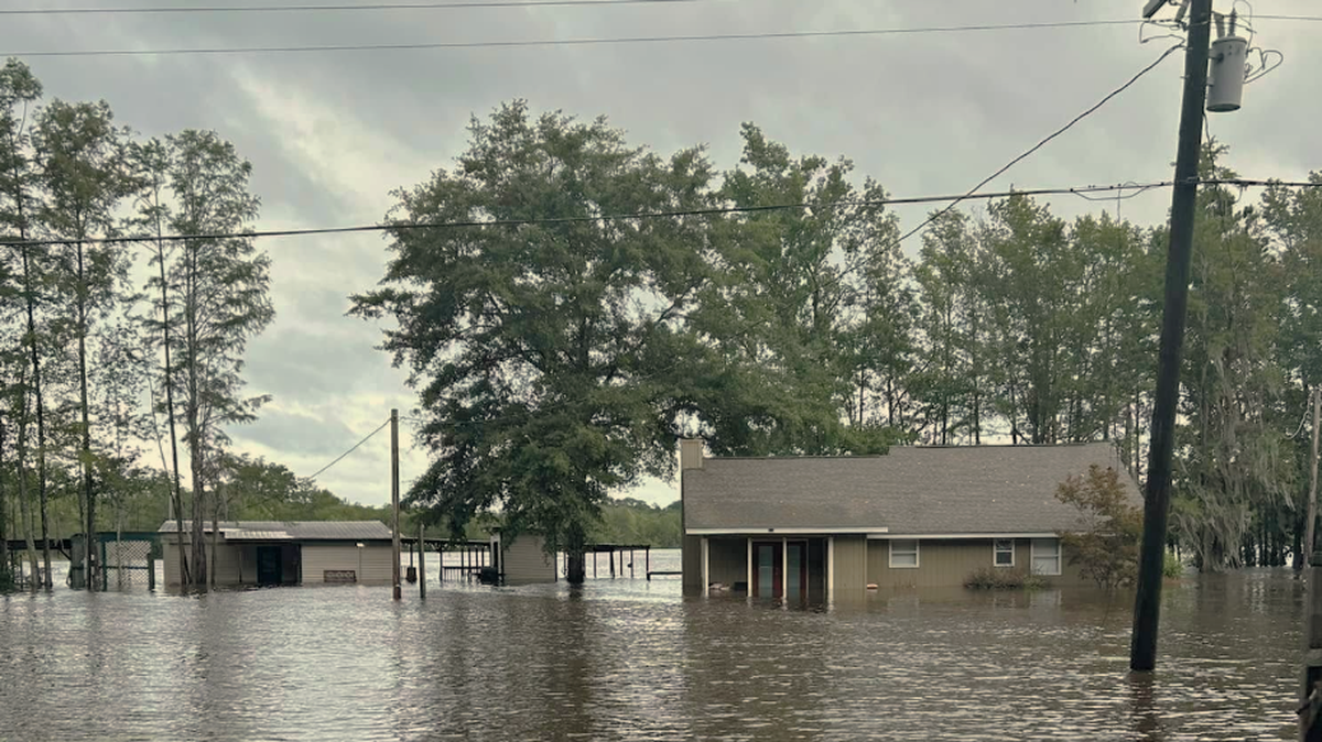A Georgia home floods in Bulloch County on August 7, 2024 after a dam burst from tropical storm Debby.