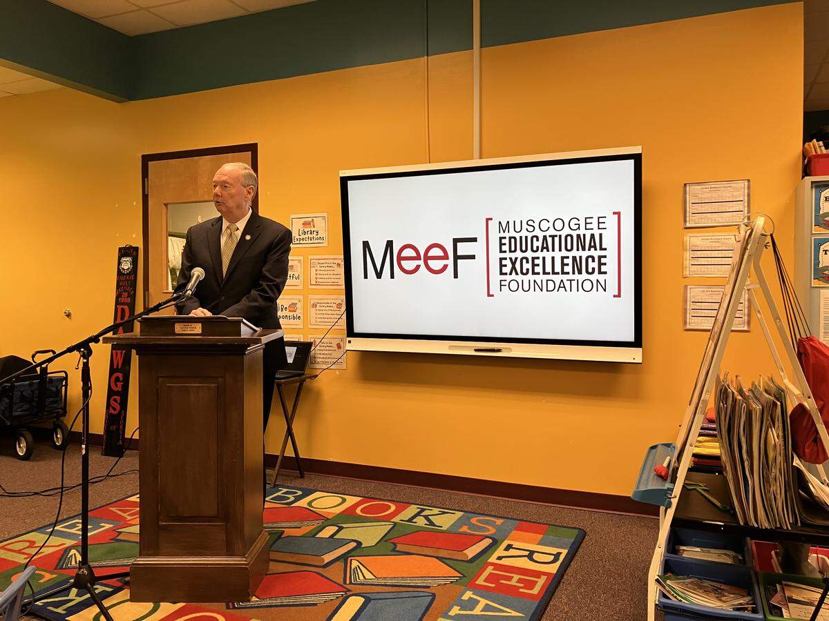 Muscogee County School District superintendent David Lewis speaks during the Jan. 22, 2026, news conference at Martin Luther King Jr. Elementary School in Columbus, where the Muscogee Educational Excellence Foundation announced the Buntin Schools of Excellence program.