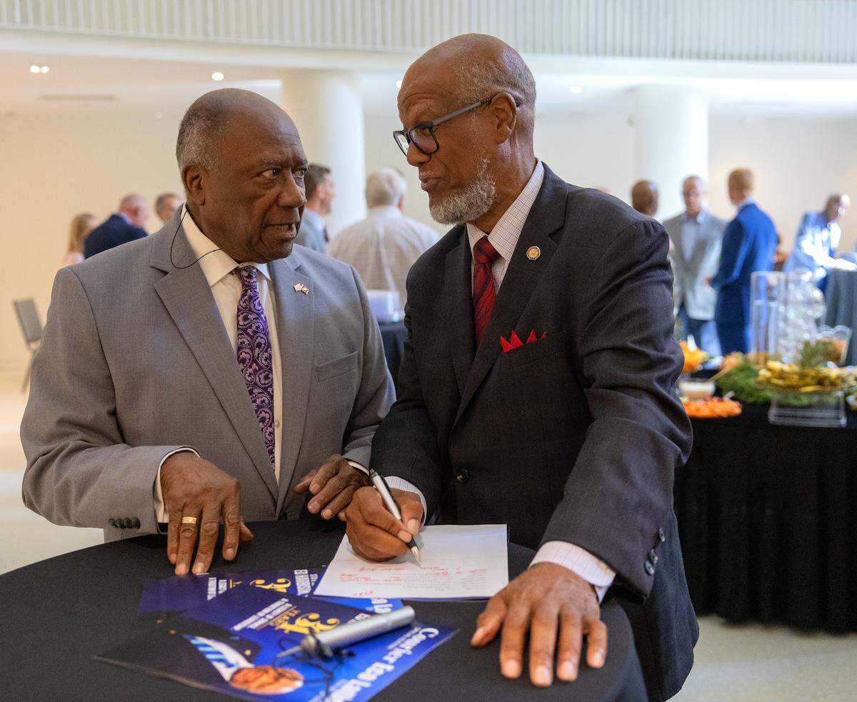 State Sen. Ed Harbison (D-Columbus), left, was celebrated June 4, 2026, at the Columbus Museum. The Columbus area’s state legislative delegation and former state Rep. Calvin Smyre (D-Columbus), right, hosted the reception in Harbison’s honor. Harbison, a state senator for the past 33 years, announced in March he wouldn’t seek reelection.