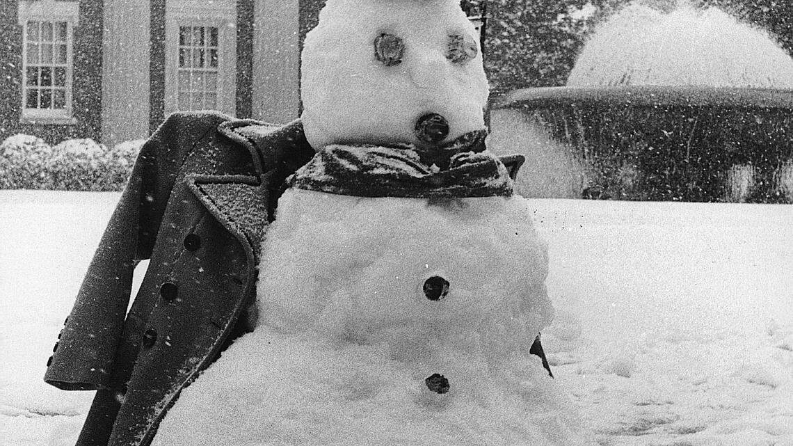 The great snow storm of 1973 began February 9 and dumped fourteen inches of snow on Columbus, Georgia before it was over. This is a snowman on the grounds of First Baptist Church in Columbus.