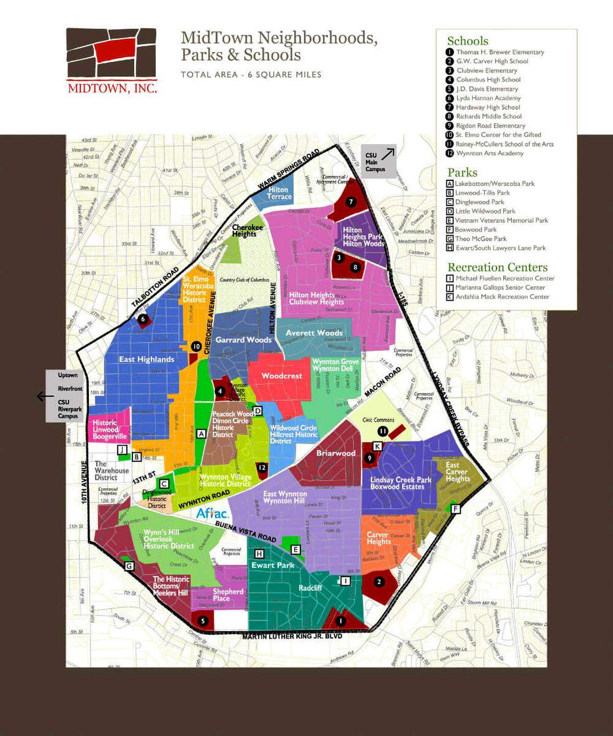 This is a map of the MidTown neighborhoods, parks and schools in Columbus, Georgia.