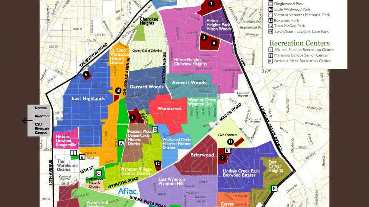 This is a map of the MidTown neighborhoods, parks and schools in Columbus, Georgia.