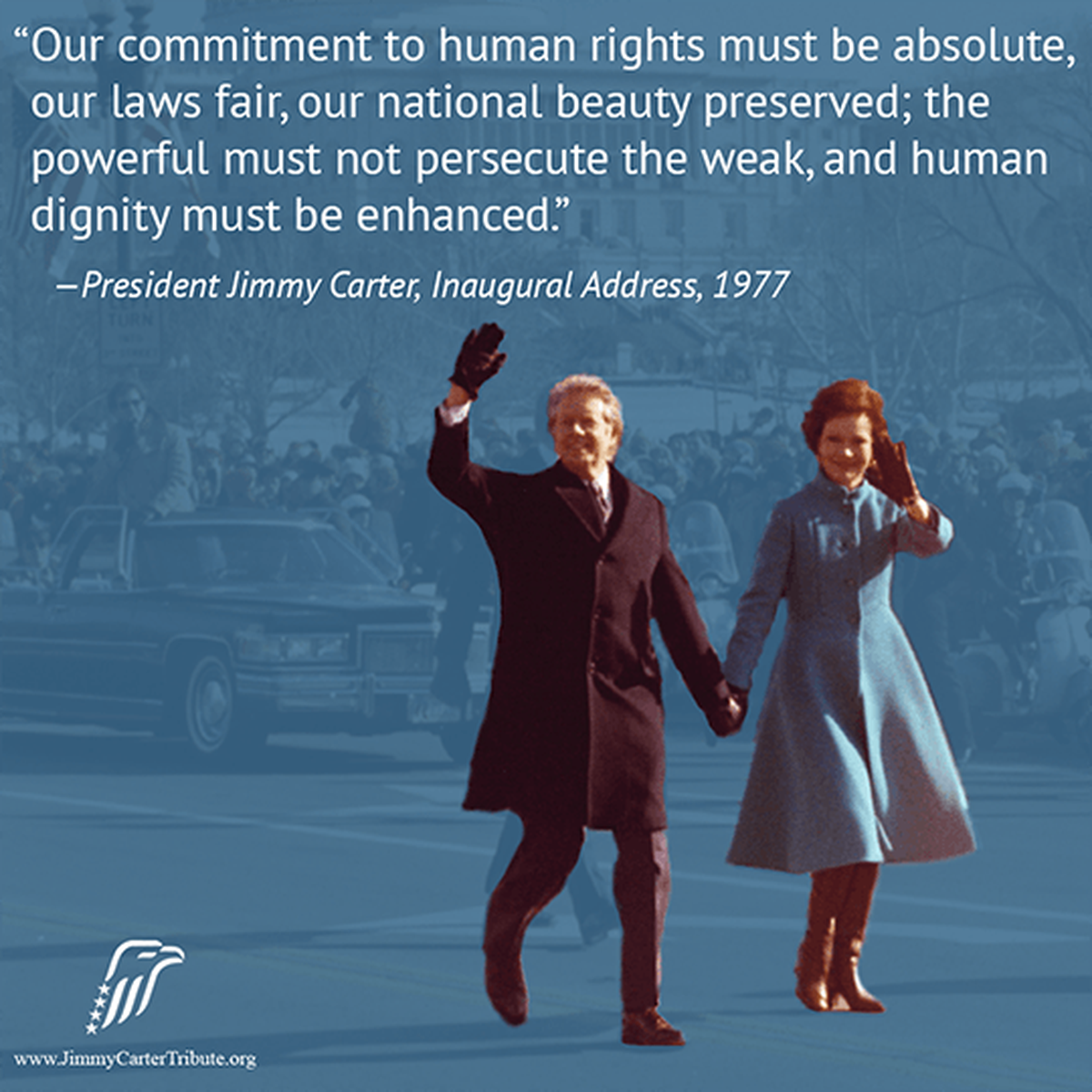 President Carter affirms his commitment to humanitarian rights in his inaugural speech in 1977.