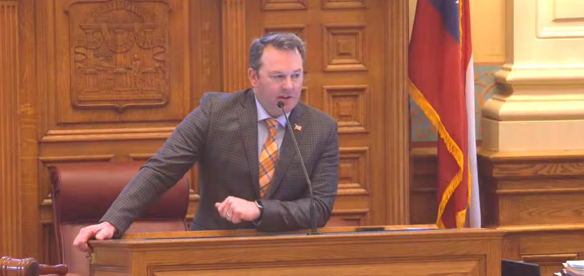 Lt. Gov. Burt Jones (R-Jackson) speaks in the Georgia Senate on March 4, 2026, while honoring state Sen. Ed Harbison (D-Columbus), who announced he won’t seek re-election. At 33 years, Harbison is the longest-serving senator in this year’s senate.