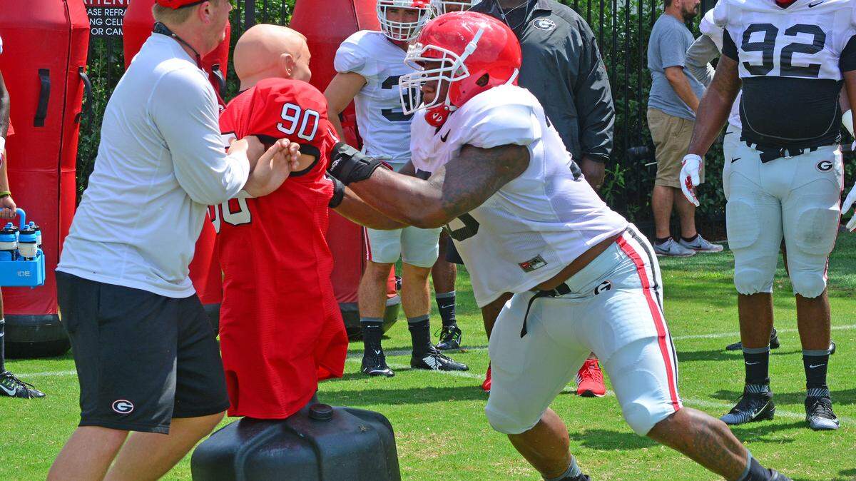 STEVEN COLQUITT/UGAGeorgia defensive lineman Trenton Thompson (78) goes through a drill during the Bulldogs' session on the Woodruff Practice Fields on Saturday in Athens, Ga.