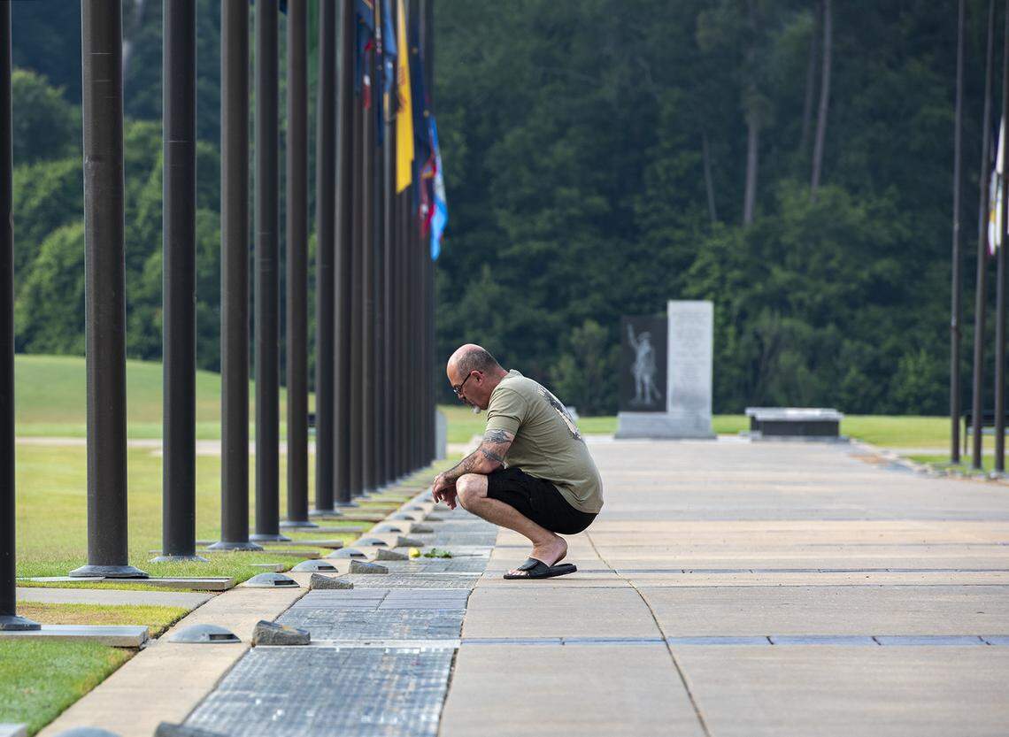 John Ubermuth visiting his uncle’s paving stone: Donald E. Corgoran WWII CT 112Inf, 28 Div., 9-13-25 KIA 11-4-44 buried in Belgium, during the Memorial Day celebration at the Nation Infantry Museum May 27, 2019 in Columbus, Ga.