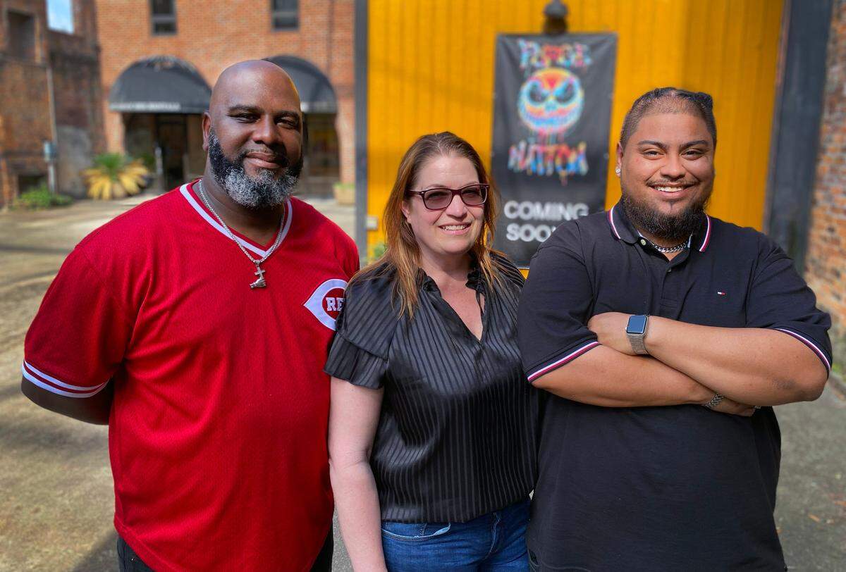 From left, Richard Jackson, Tammy Stephens, and Kani Estrada are co-owners of Purge Nation, which will soon be opening at 1024 Broadway in Columbus, Georgia. 05/10/2023