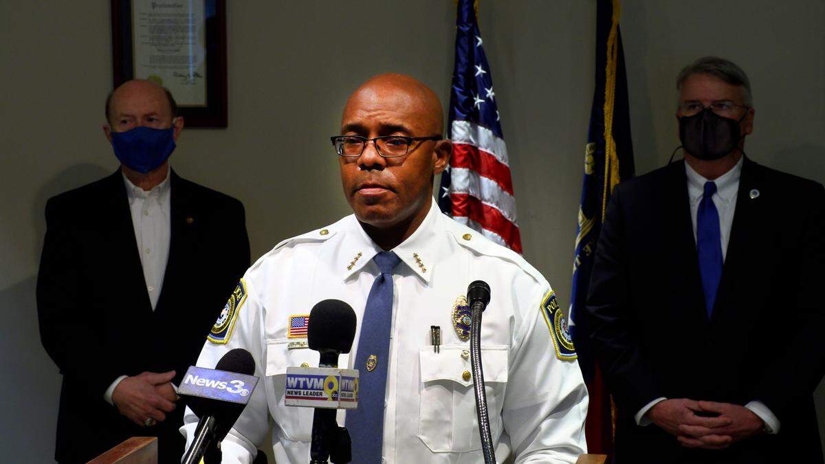 Columbus Police Chief Freddie Blackmon speaks during a Tuesday afternoon press conference about violent crime in Columbus. 02/16/21