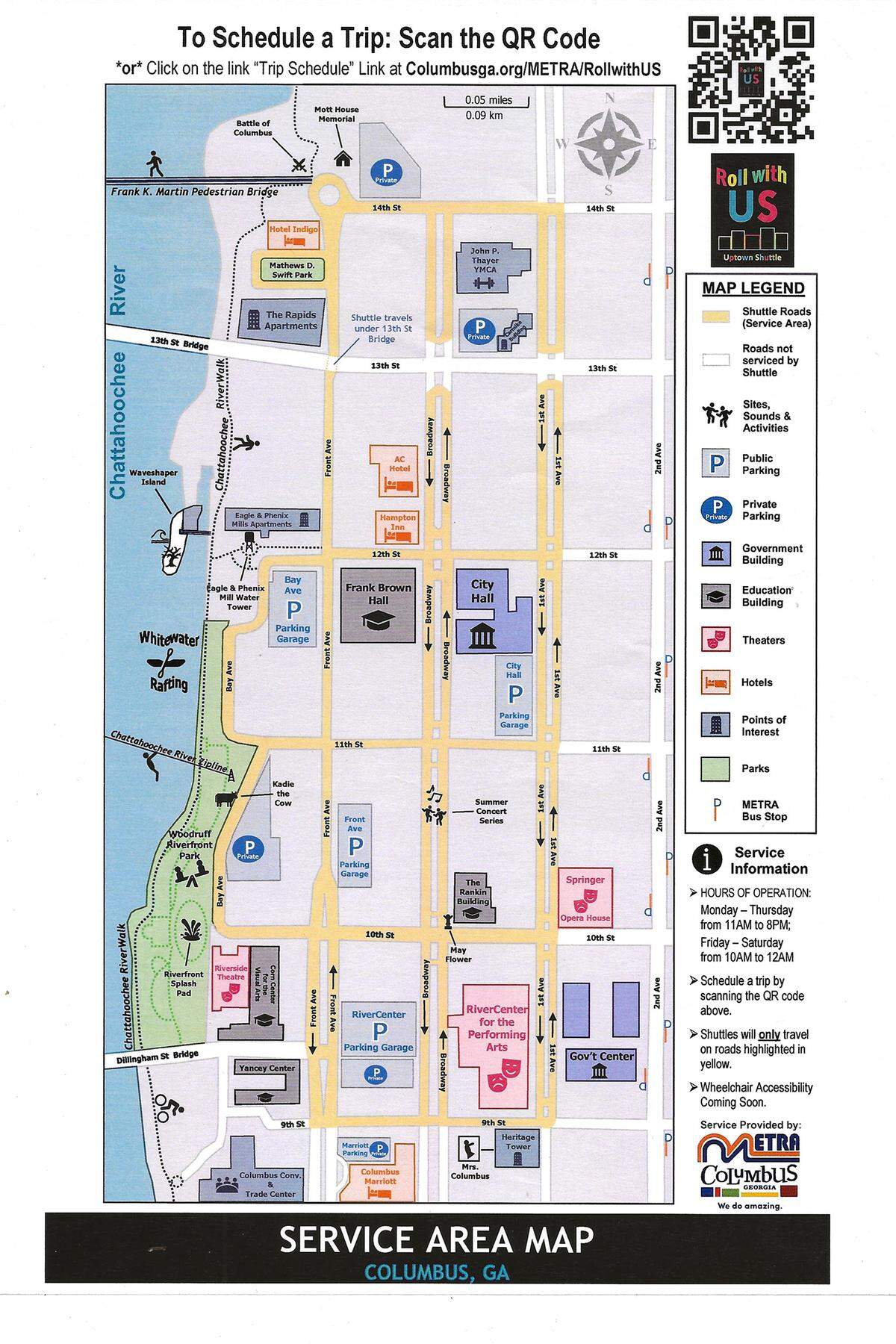 The Uptown Shuttles will operate in the Columbus downtown sector of Bay Avenue to First Avenue and Ninth Street to 14th Street. But they won’t cross 13th Street, the corridor with the most vehicle traffic in the area, so the carts will access 14th Street via Front Avenue.