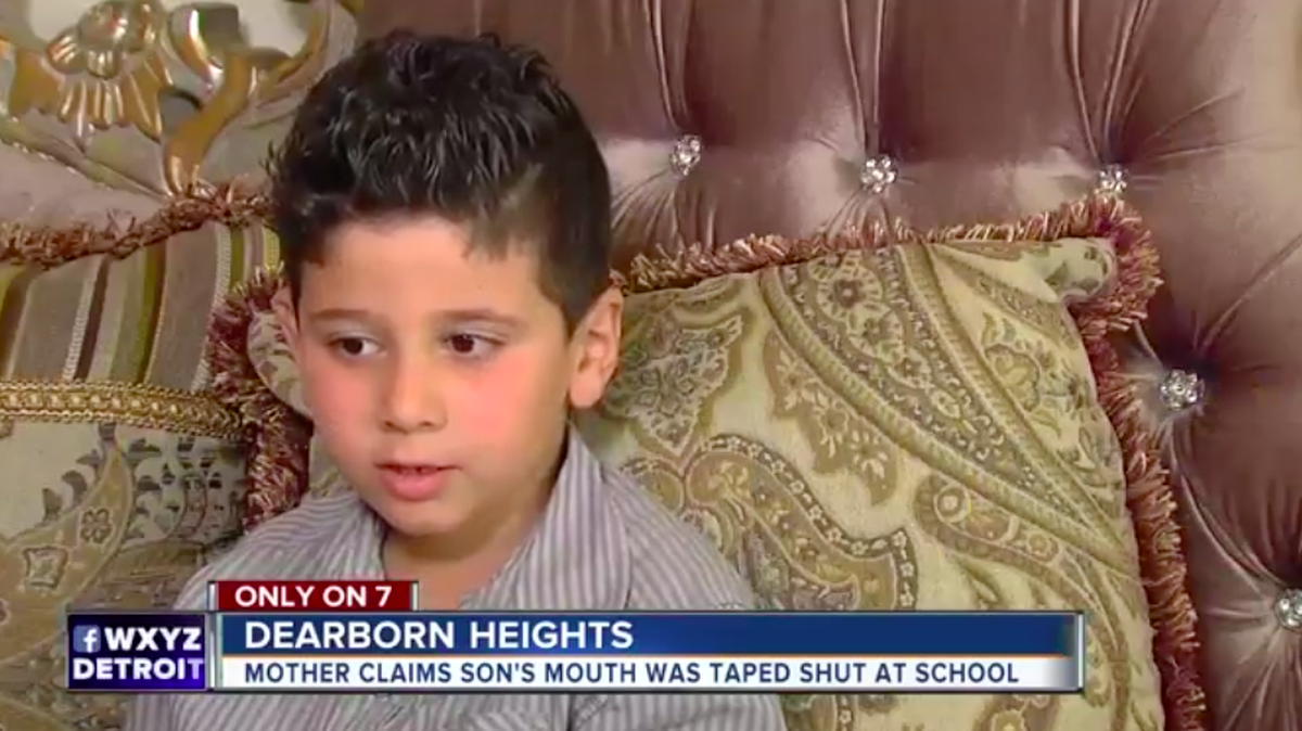 A Michigan mom says two teachers taped her son Abdul Dannaoui's mouth shut and threw away his food during class, then asked him not to tell anyone about it. One teacher was fired but another remains in the school, she said.