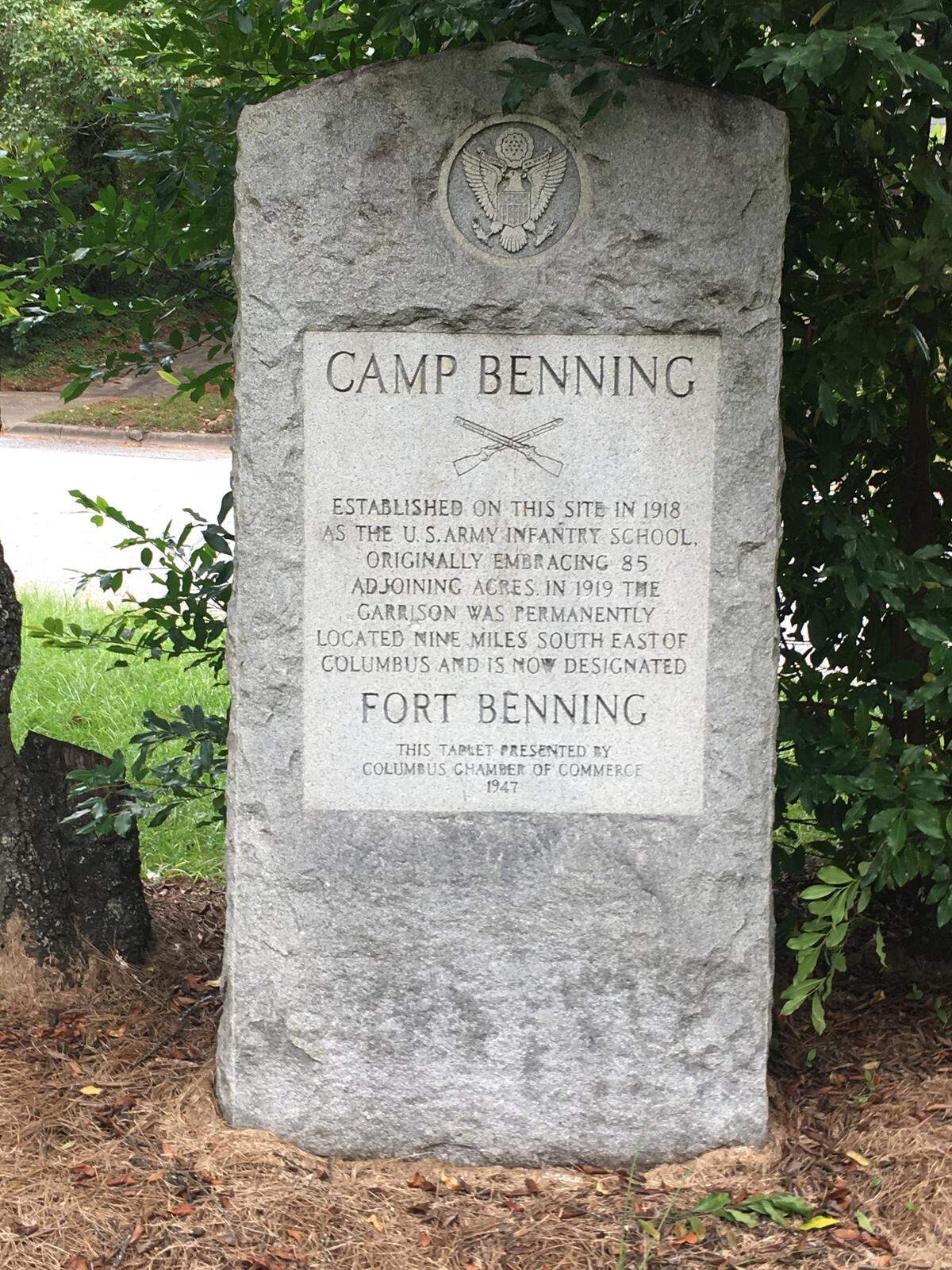 This marker, erected by the Columbus Chamber of Commerce in 1947, is located on Mimosa Street at South Dixon Drive, two blocks west of Camp Benning along Macon Road in Columbus.