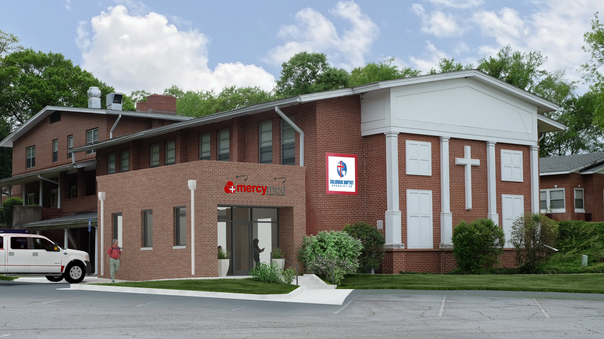 This rendering shows what the expansion of the MercyMed clinic at the Columbus Baptist Association headquarters, 3679 Steam Mill Road, will look like if Columbus Council approves the rezoning request.