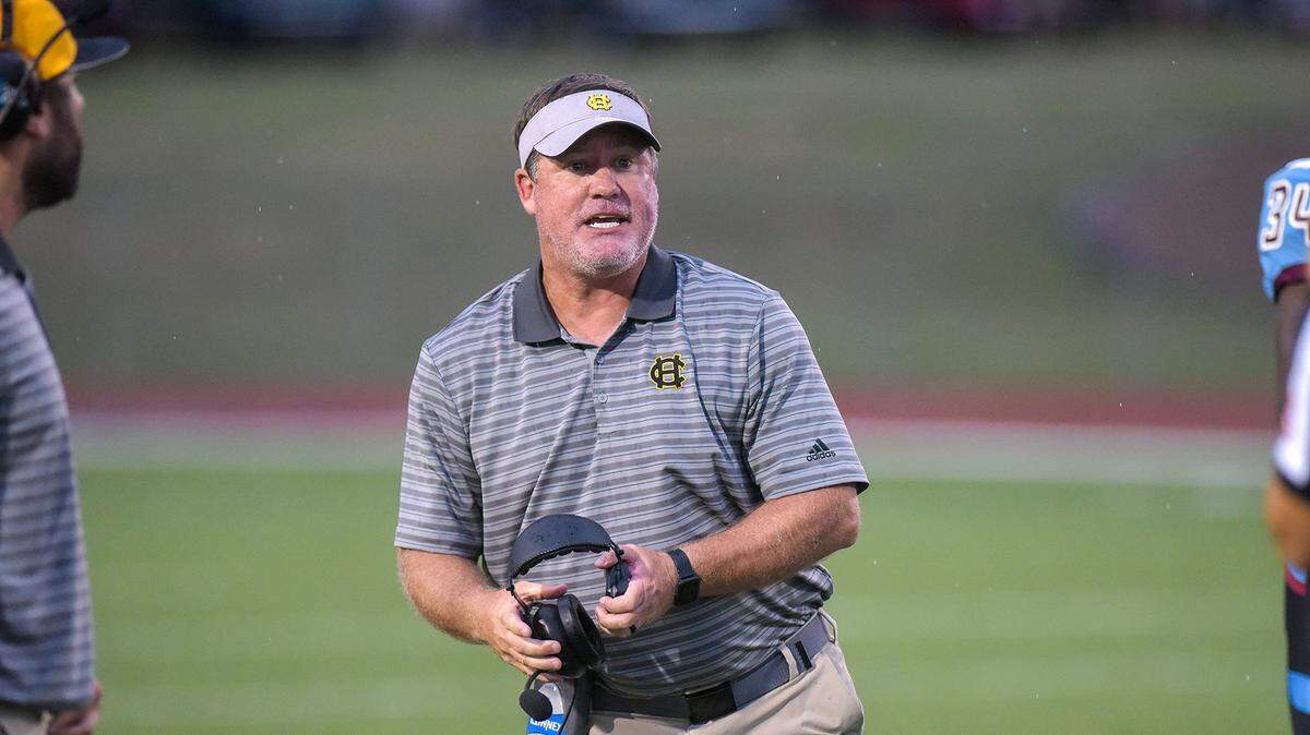 Harris County head coach Jamie Fox on the field during the game against Carver in a 2019 L-E file photo.