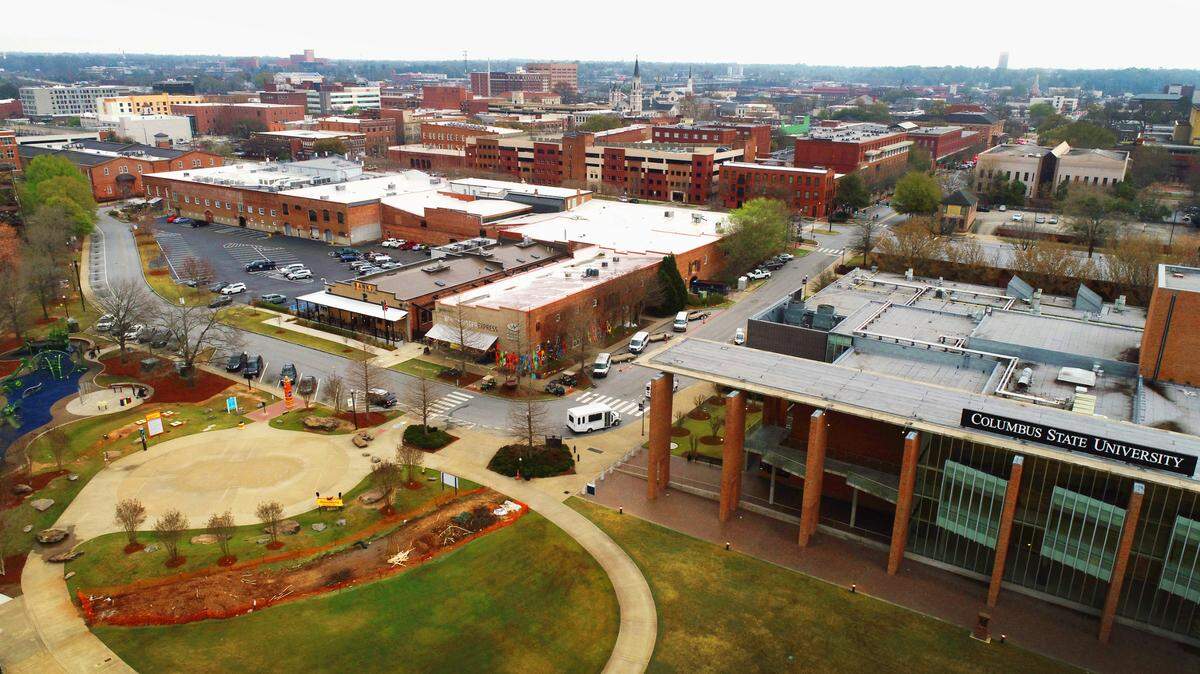 This is a view looking over Woodruff Park towards downtown Columbus, Georgia.