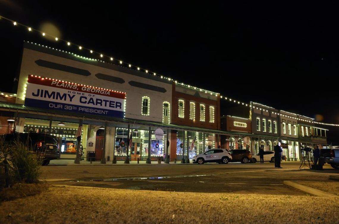 This is the scene from Main Street in Plains, Georgia on the evening of former president Jimmy Carter’s death on Sunday, Dec. 29, 2024. Carter died in his home in Plains on Sunday afternoon at 100 years old.