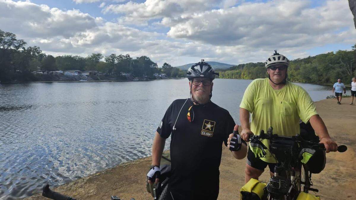 Kevin Loncher (left) and his brother Bill Bosworth (right) biked nearly 185 miles along the C&O Canal Towpath to help raise money and awareness for homeless veterans and the Plummer Home.