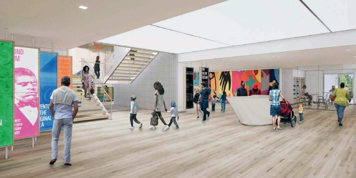 This artist’s rendering depicts a reimagined museum lobby that will include orientation spaces, a cafe, redesigned gift shop, and stairs that lead to the third floor galleries.