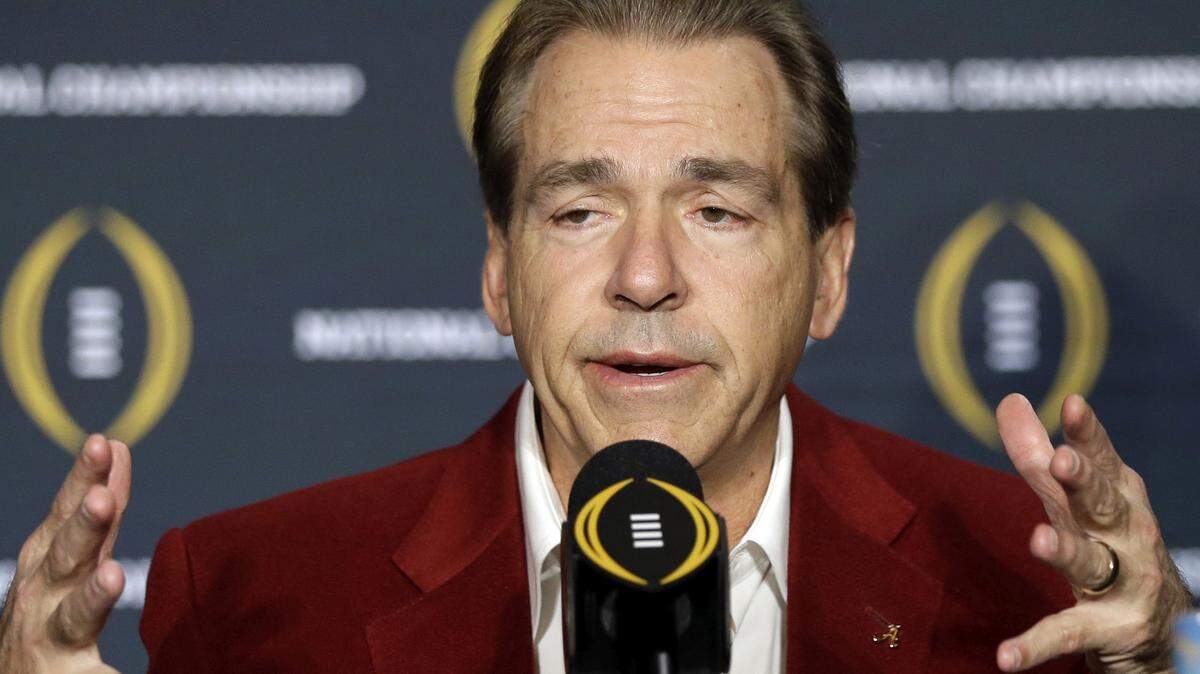 Alabama head coach Nick Saban speaks during a news conference for the NCAA college football playoff championship Tuesday, Jan. 12, 2016, in Scottsdale, Ariz. Alabama beat Clemson 45-40 to win the championship. (AP Photo/David J. Phillip)