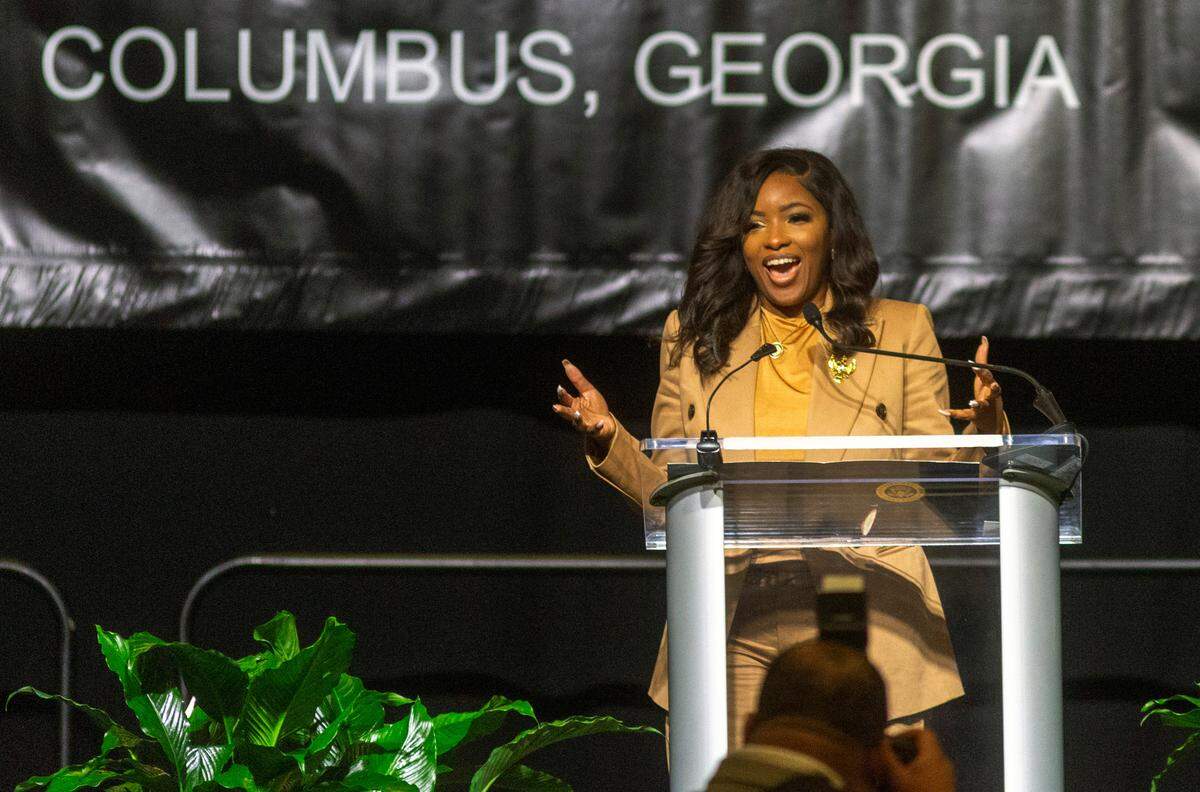 U.S. Rep. Jasmine Crockett (D-Texas) speaks Monday morning at the 40th Annual Black History Month Observance Committee Breakfast at the Columbus, Georgia Convention & Trade Center. 02/17/2025