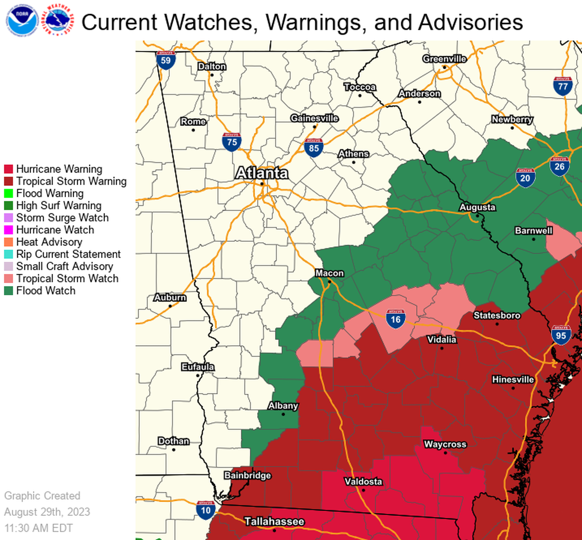 Hurricane Idalia impacts throughout Georgia bring hurricane warnings, tropical storm warnings and watches, and floods throughout South and Southeast Georgia. 