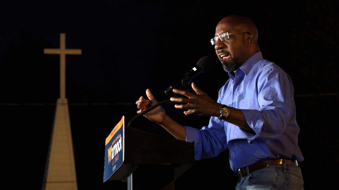 U.S. Senator Raphael Warnock campaigns Monday night at Abundant Life Full Gospel Outreach Church in Columbus, Georgia. 11/07/2022